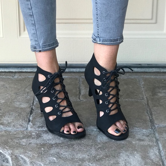 Black Lace Up Peep Toe Cut Out Caged Ankle Booties - Picture 5 of 6